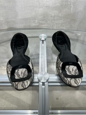 Roger Vivier Black and Cream Lace Ballet Flats with Signature Buckle